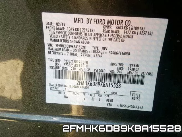 2FMHK6D89KBA15528 2019 Ford Flex,  Limited