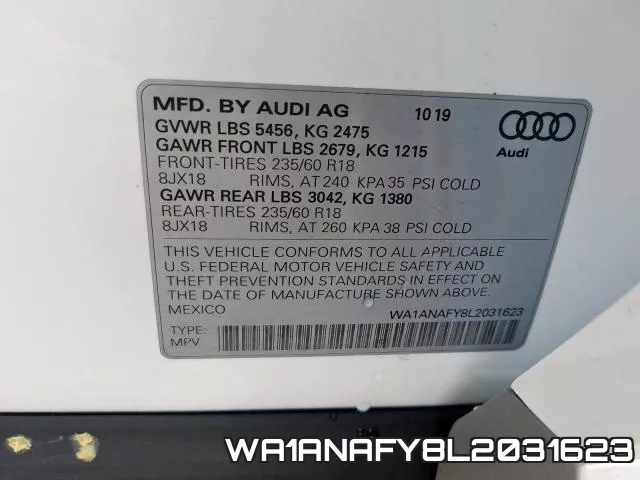 WA1ANAFY8L2031623 2020 Audi Q5, Premium