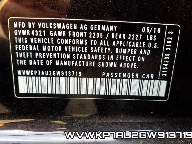 WVWKP7AU2GW913719 2016 Volkswagen E-Golf, SE
