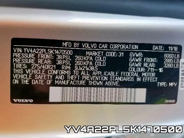 YV4A22PL5K1470500 2019 Volvo XC90, T6