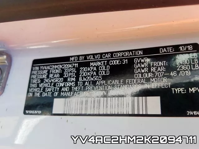 YV4AC2HM2K2094711 2019 Volvo XC40, T4 R-Design