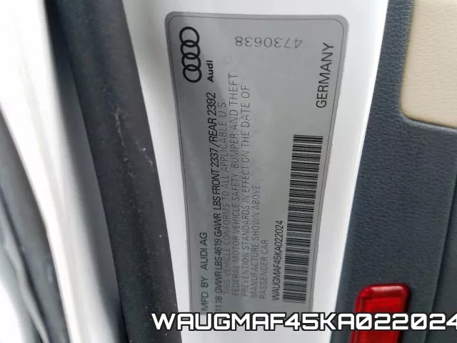 WAUGMAF45KA022024 2019 Audi A4, Premium