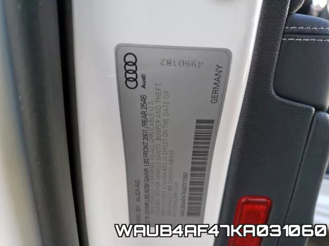 WAUB4AF47KA031060 2019 Audi S4, Premium Plus