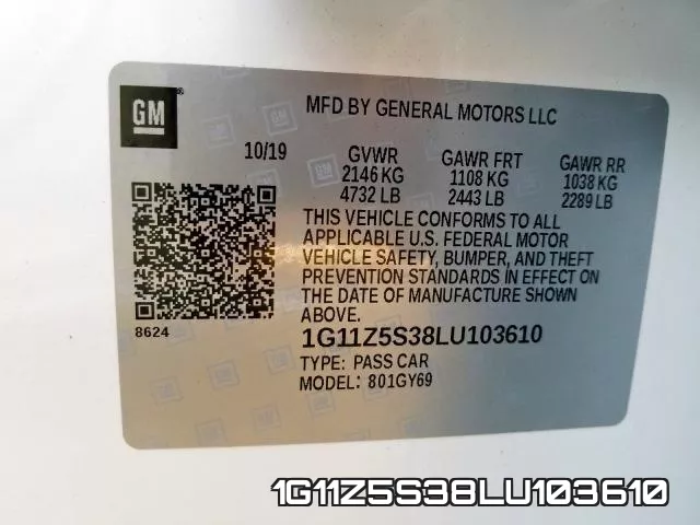 1G11Z5S38LU103610 2020 Chevrolet Impala, LT