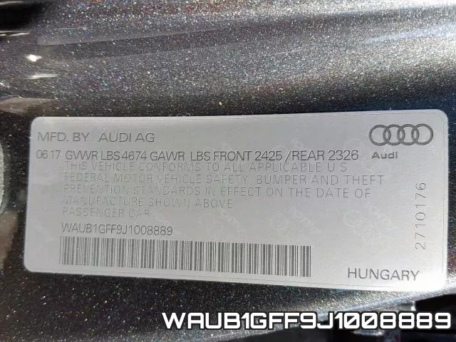 WAUB1GFF9J1008889 2018 Audi S3, Premium Plus