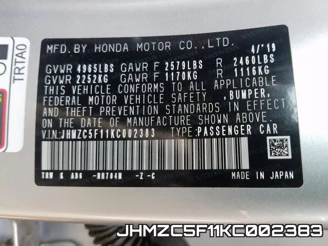 JHMZC5F11KC002383 2019 Honda Clarity