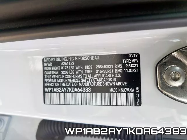 WP1AB2AY7KDA64383 2019 Porsche Cayenne, S
