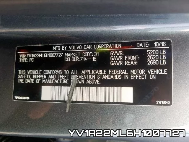YV1A22ML6H1007727 2017 Volvo S90, T6 Inscription