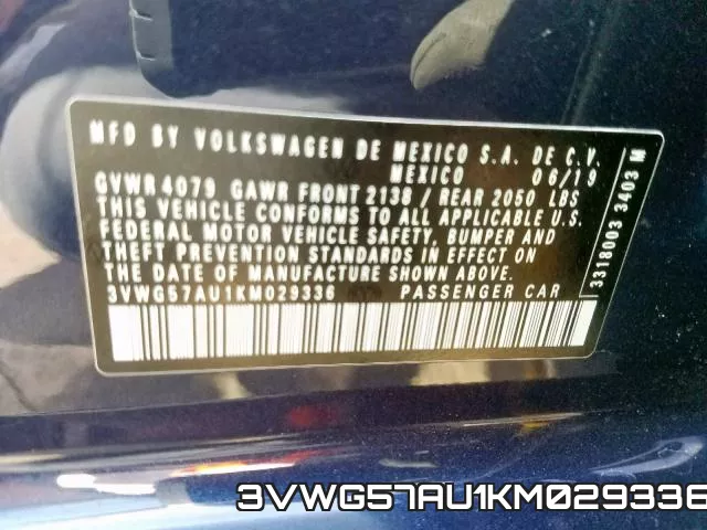 3VWG57AU1KM029336 2019 Volkswagen Golf,  S
