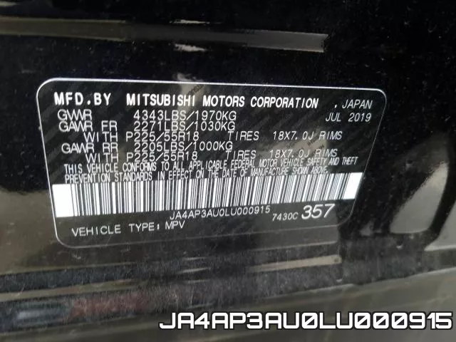 JA4AP3AU0LU000915 2020 Mitsubishi Outlander, ES