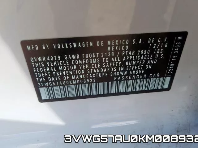 3VWG57AU0KM008932 2019 Volkswagen Golf,  S