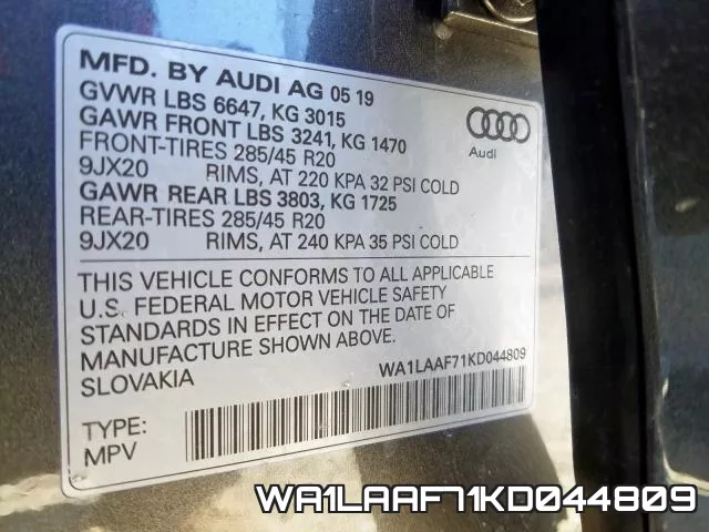 WA1LAAF71KD044809 2019 Audi Q7, Premium Plus