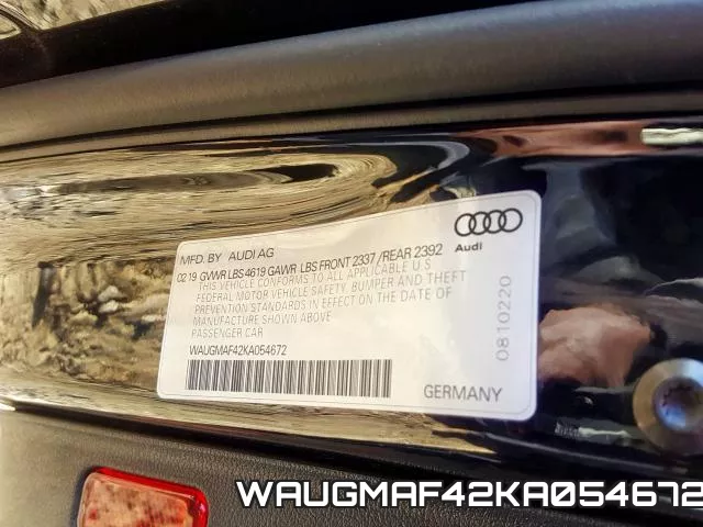 WAUGMAF42KA054672 2019 Audi A4, Premium