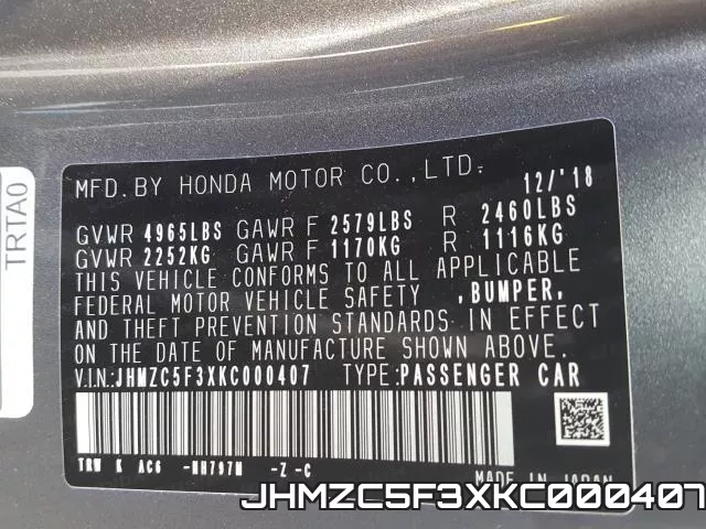 JHMZC5F3XKC000407 2019 Honda Clarity, Touring