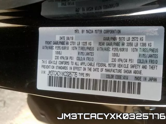 JM3TCACYXK0325776 2019 Mazda CX-9, Touring