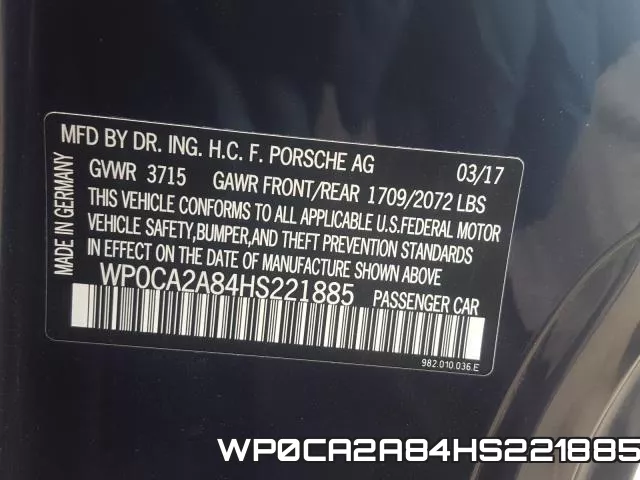WP0CA2A84HS221885 2017 Porsche Boxster