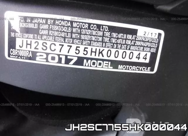 JH2SC7755HK000044 2017 Honda CBR1000, RA