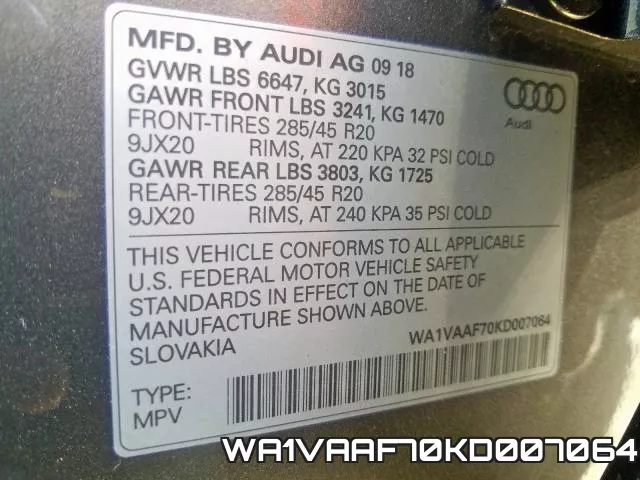 WA1VAAF70KD007064 2019 Audi Q7, Prestige