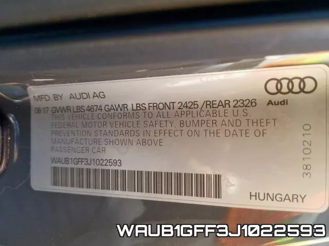 WAUB1GFF3J1022593 2018 Audi S3, Premium Plus