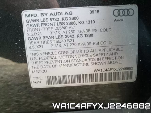 WA1C4AFYXJ2246882 2018 Audi SQ5, Prestige