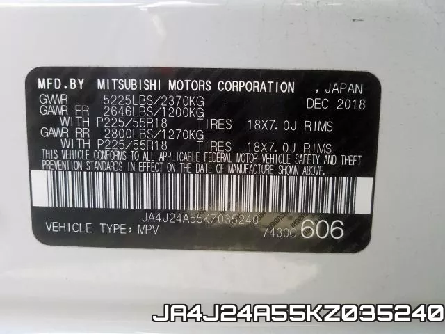 JA4J24A55KZ035240 2019 Mitsubishi Outlander, Sel