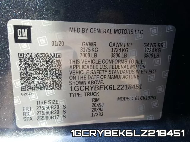 1GCRYBEK6LZ218451 2020 Chevrolet Silverado, K1500 Custom