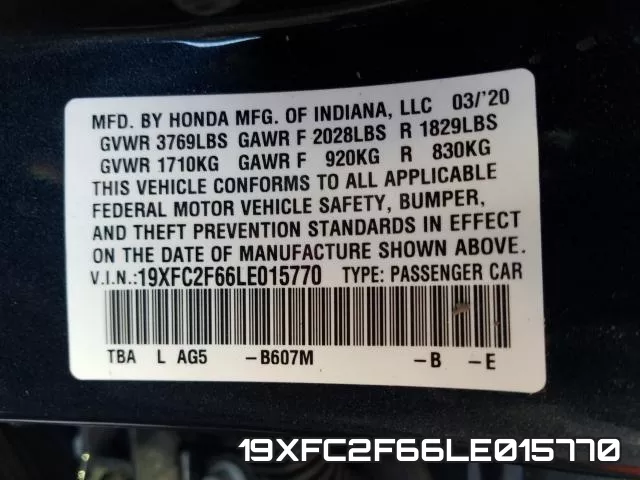 19XFC2F66LE015770 2020 Honda Civic, LX
