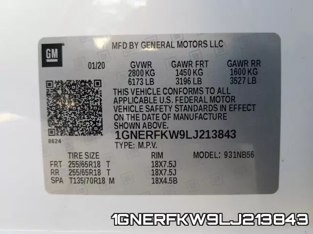 1GNERFKW9LJ213843 2020 Chevrolet Traverse, LS