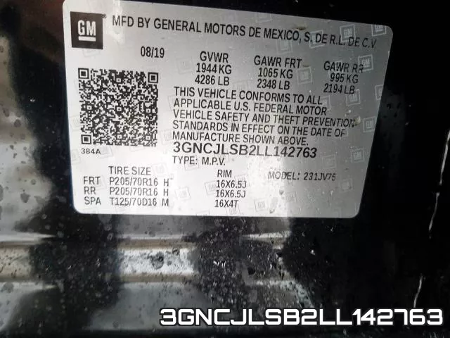 3GNCJLSB2LL142763 2020 Chevrolet Trax,    1LT