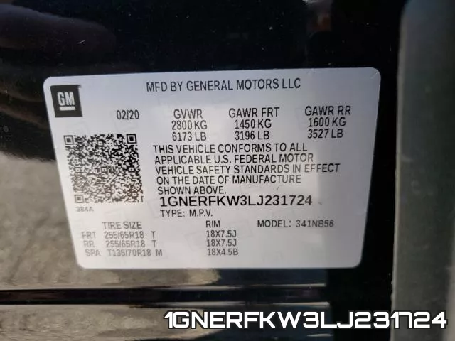 1GNERFKW3LJ231724 2020 Chevrolet Traverse, LS