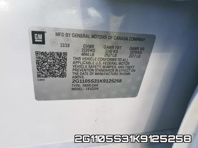 2G1105S31K9125258 2019 Chevrolet Impala, Premier