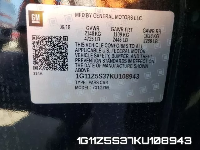 1G11Z5S37KU108943 2019 Chevrolet Impala, LT