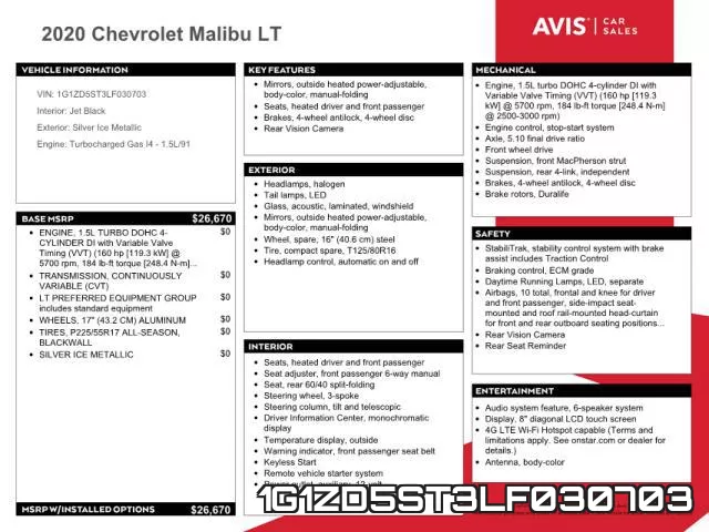 1G1ZD5ST3LF030703 2020 Chevrolet Malibu, LT