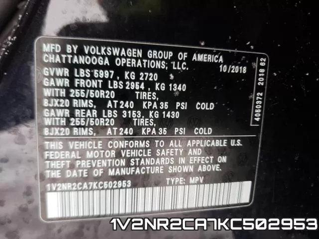 1V2NR2CA7KC502953 2019 Volkswagen Atlas, Sel Premium