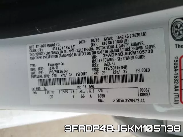 3FADP4BJ6KM105738 2019 Ford Fiesta, SE