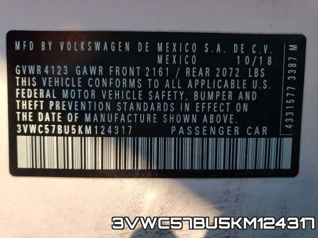 3VWC57BU5KM124317 2019 Volkswagen Jetta, S
