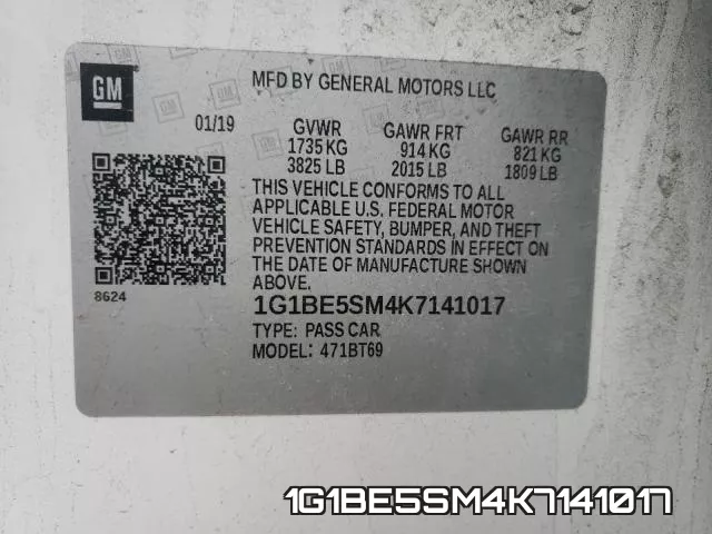 1G1BE5SM4K7141017 2019 Chevrolet Cruze, LT