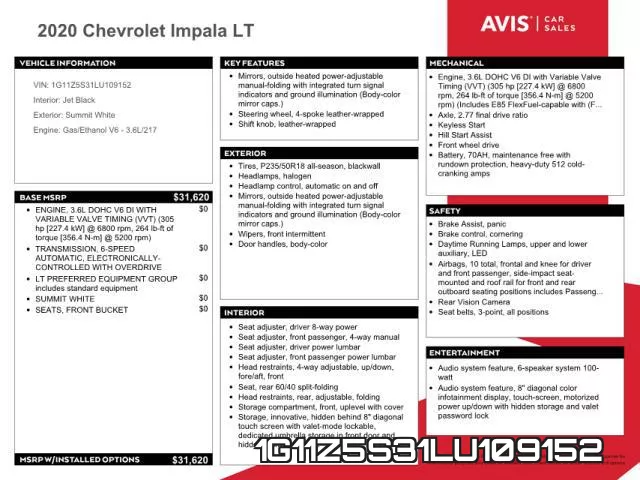 1G11Z5S31LU109152 2020 Chevrolet Impala, LT