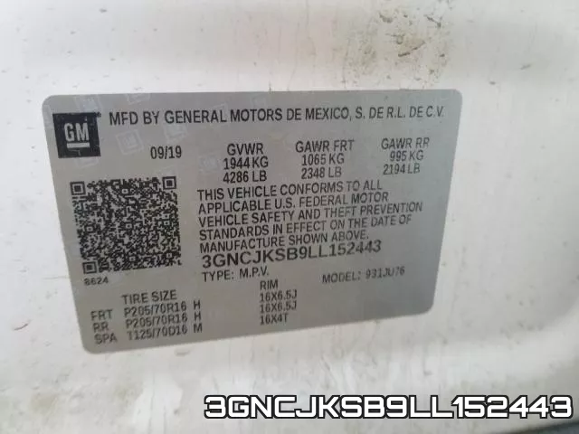 3GNCJKSB9LL152443 2020 Chevrolet Trax,  LS