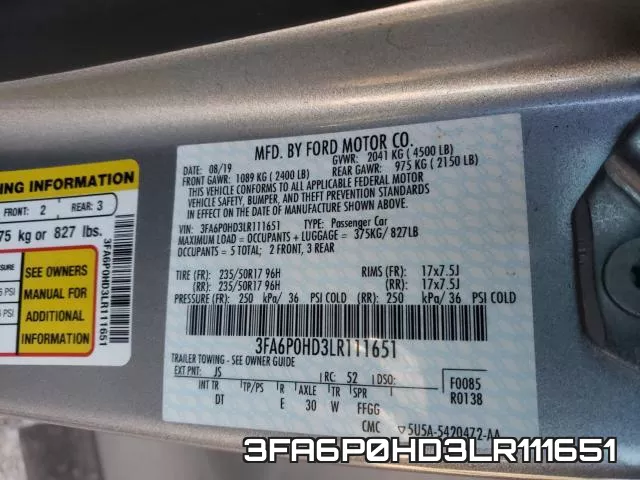 3FA6P0HD3LR111651 2020 Ford Fusion, SE