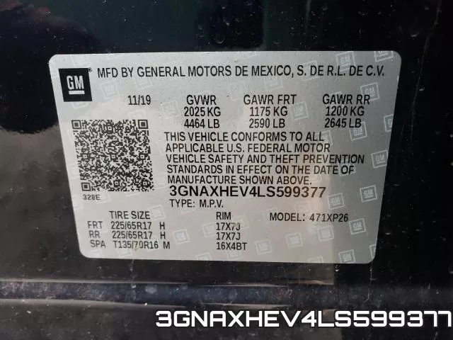 3GNAXHEV4LS599377 2020 Chevrolet Equinox, LS