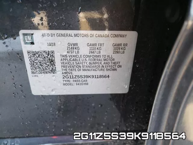 2G11Z5S39K9118564 2019 Chevrolet Impala, LT