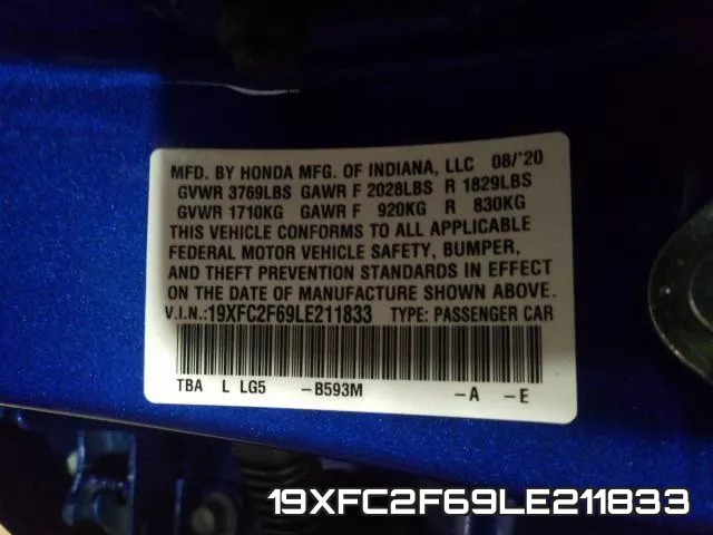 19XFC2F69LE211833 2020 Honda Civic, LX