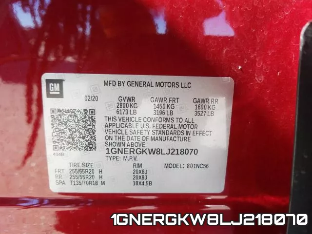 1GNERGKW8LJ218070 2020 Chevrolet Traverse, LT