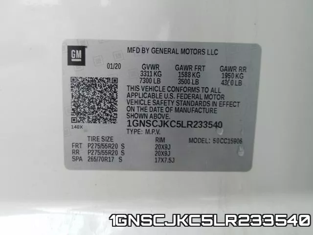 1GNSCJKC5LR233540 2020 Chevrolet Suburban, C1500 Premier