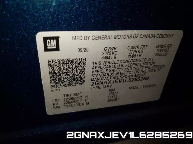 2GNAXJEV1L6285269 2020 Chevrolet Equinox, LT