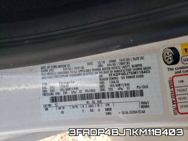 3FADP4BJ7KM118403 2019 Ford Fiesta, SE
