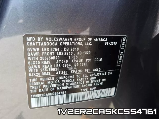 1V2ER2CA5KC554761 2019 Volkswagen Atlas, Sel