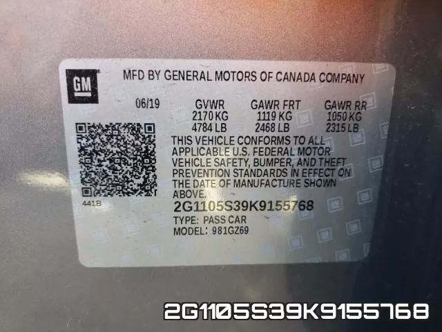 2G1105S39K9155768 2019 Chevrolet Impala, Premier