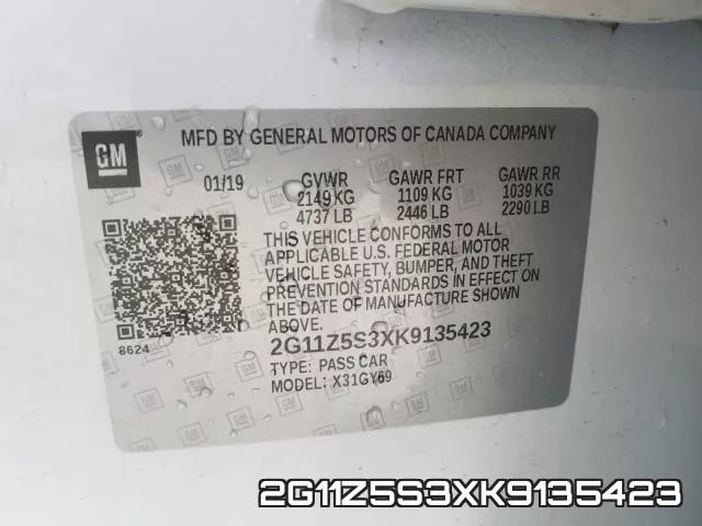 2G11Z5S3XK9135423 2019 Chevrolet Impala, LT
